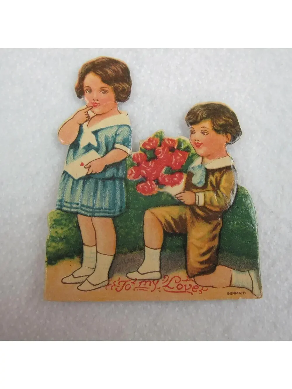 Vintage Valentine Die Cut Stand Up Girl Boy Sailor Suit Flowers 1920-30s Germany